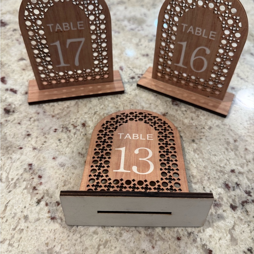 Wedding Wooden Laser-Cut Table Number Sign - White on Natural Wood (Table 1-20)